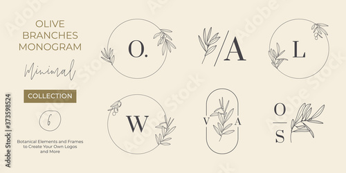 Set of Wedding Monogram and Logos with Olive Branch in Modern Minimal Liner Style. Vector Floral templates for Invitation Cards, Save the Date. Botanical rustic illustration, Beauty Studio, SPA