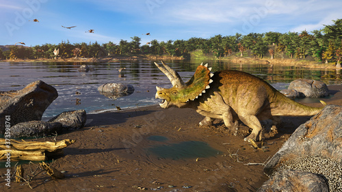 Fototapeta Naklejka Na Ścianę i Meble -  Triceratops horridus dinosaur at the ocean 
