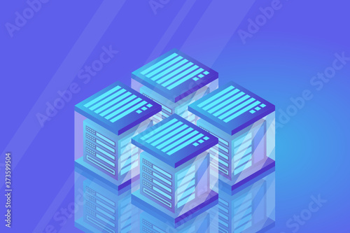 Datacenter isometric vector illustration. Abstract 3d hosting server or data center room background. Network or mainframe infrastructure website header layout. Computer storage or farming workstation.