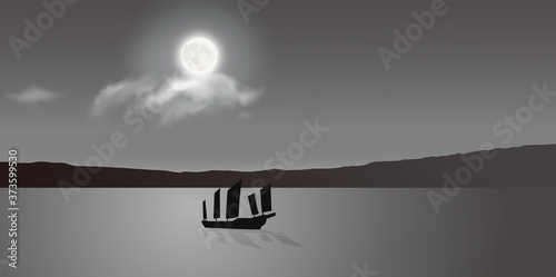 An Ancient Chinese Junk Sailing Under The Moonlight