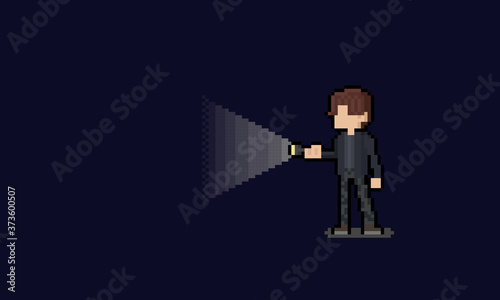 Pixel art man character holding a flashlight.