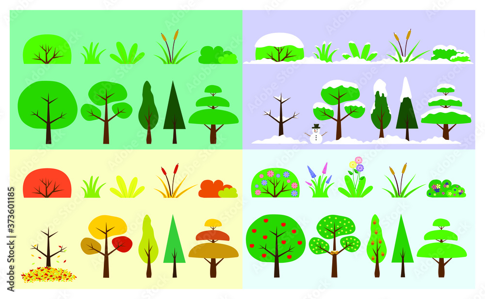 Nature trees, bushes and plants with the climate of the four seasons of the year