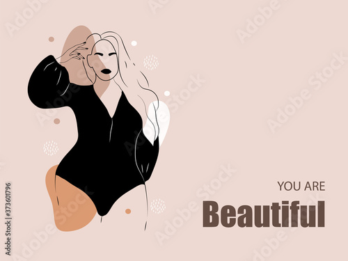 Body positive. Abstract minimalistic female figure. Linear elegant women in lingerie and swimsuit on abstract simple shapes. Promotion design for social media, logo for shop, beauty salon, underwear.