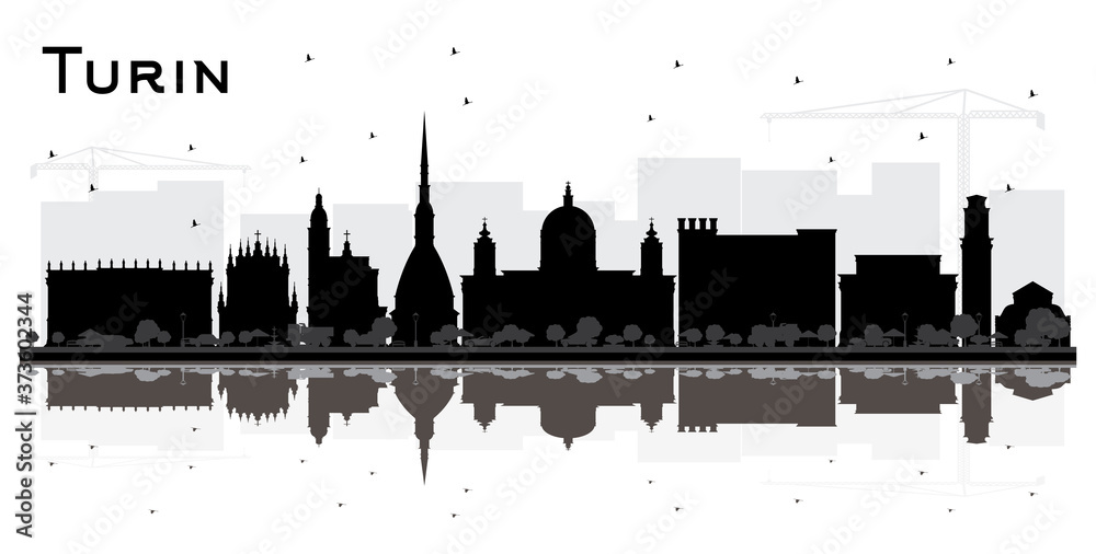 Turin Italy City Skyline Silhouette with Black Buildings and Reflections Isolated on White.