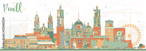 Puebla Mexico City Skyline with Color Buildings.