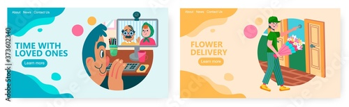 Man talks to his senior parents by video call. Courier with flowers rings doorbell. Flower delivery concept illustration. Vector web site design template