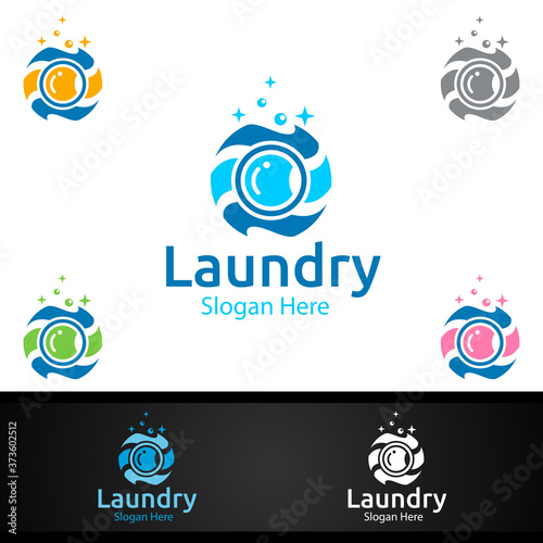 Laundry Dry Cleaners Logo with Clothes, Water and Washing Concept