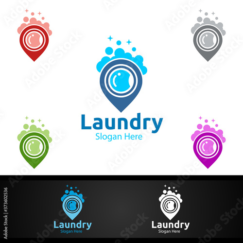 Pin Laundry Dry Cleaners Logo with Clothes, Water and Washing Concept