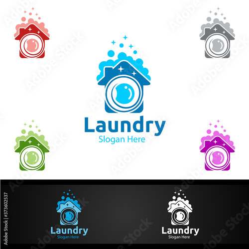 Laundry Dry Cleaners Logo with Clothes, Water and Washing Concept