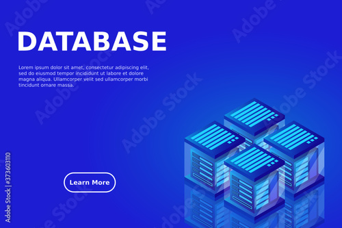 Datacenter isometric vector illustration. Abstract 3d hosting server or data center room background. Network or mainframe infrastructure website header layout. Computer storage or farming workstation.
