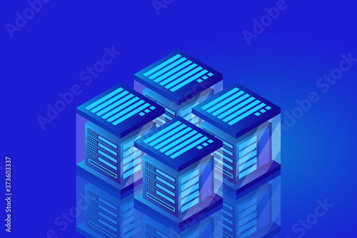 Datacenter isometric vector illustration. Abstract 3d hosting server or data center room background. Network or mainframe infrastructure website header layout. Computer storage or farming workstation.