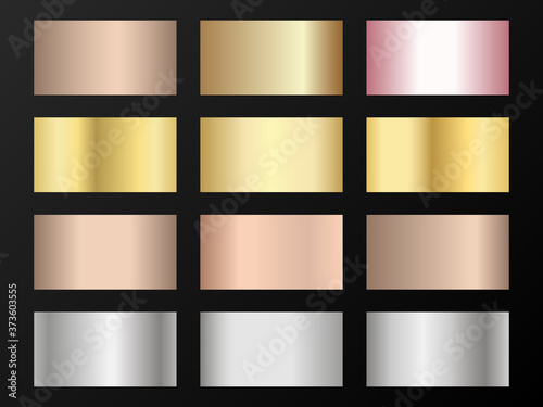 Metallic foil texture silver, steel, chrome, platinum, copper, bronze, aluminum, rose gold gradient swatches. 