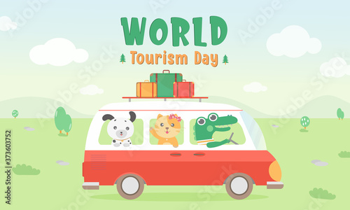 The crocodile is driving in the forest, there are dogs and cats behind it.
There are 3 luggage on the roof of the car. Animal days of Summer time vacation journey.Vector world tourism day. Cute animal
