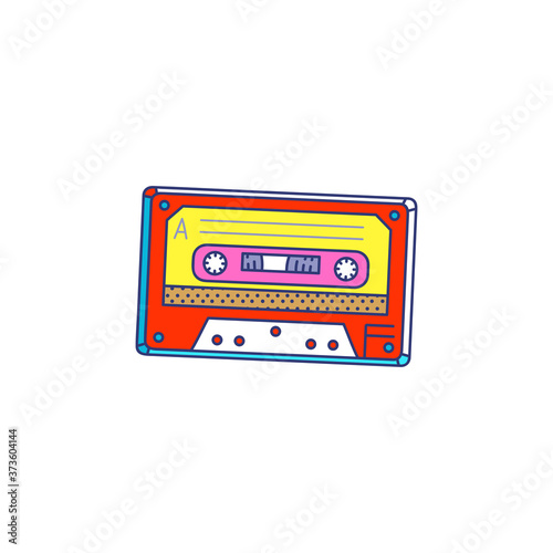 Retro audio cassette cartoon pop art icon, sketch vector illustration isolated.