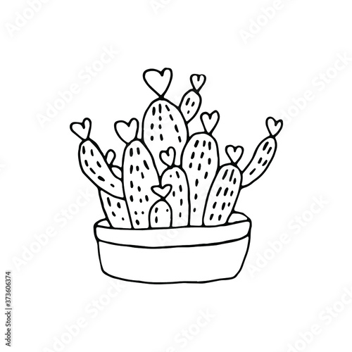 sign cute drawn single cactus.Homemade cactus in a pot isolated on white.Sketch Drawing Doodle Icon Cactus In Pot.illustration house plant for wedding design,logo,greeting card or seasonal design. 