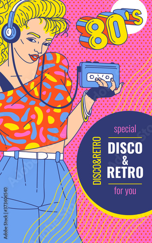Retro disco party poster with woman listening music, sketch vector illustration.