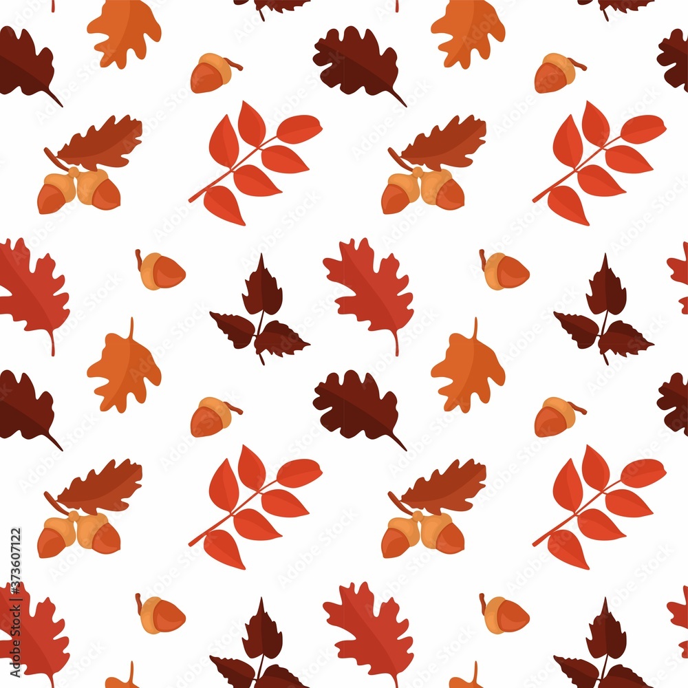 Autumn seamless pattern consisting of leaves of different trees and oak acorns in the vector. A composition of repeated plant elements in red, maroon, orange and brown for textiles or packaging.