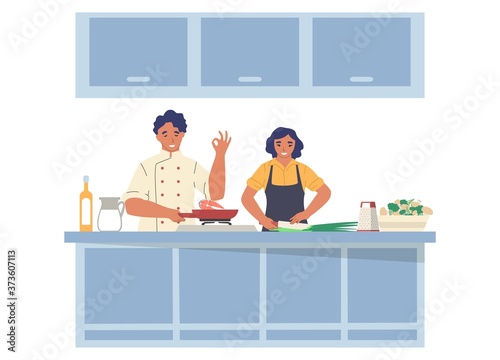 Man and woman preparing dish in kitchen, flat vector illustration. Food cooking show on television, culinary TV program, cooking master class concept.