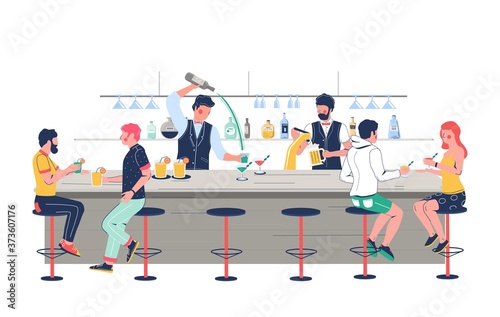 Pub bartender pouring beer, barman making alcohol cocktail for people sitting at bar counter and talking to each other, vector flat illustration. Bar staff serving alcoholic drinks in pub, club, hotel
