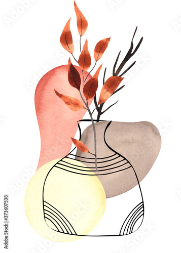 Botanische lijn en abstracte kunst met zwarte silhouetten van planten en kruiken met heldere abstracte herfstvlekken