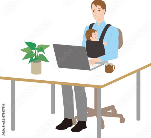 赤ちゃんを子連れ出勤で働く父親。ワークライフバランス © hiro