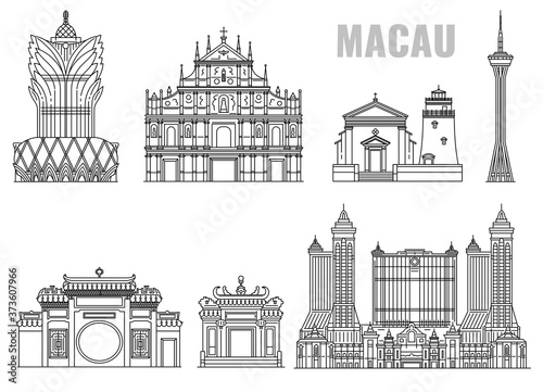 Famous landmark building line icon set from Macau, China