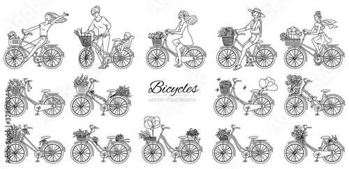 Set sketch line images of girls and bicycles, vector illustration isolated.