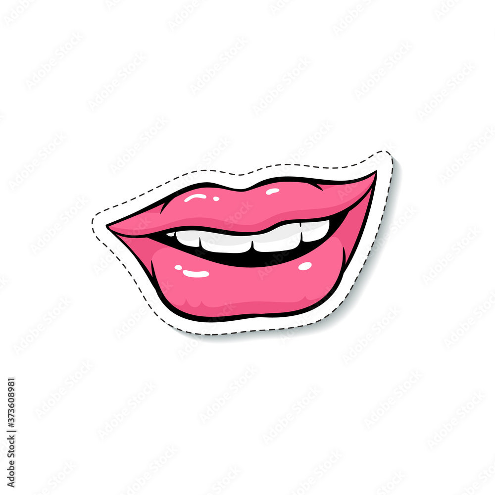 Smiling woman lips fashion patch or sticker sketch vector illustration isolated. Smiling woman lips fashion patch or sticker sketch vector illustration isolated.