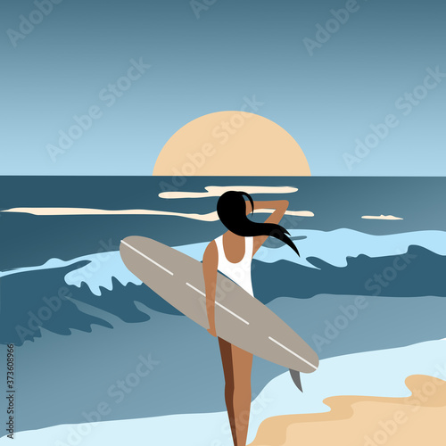 Sunset and a girl on the beach. Sea, waves, quiet storm. Vector Illustration