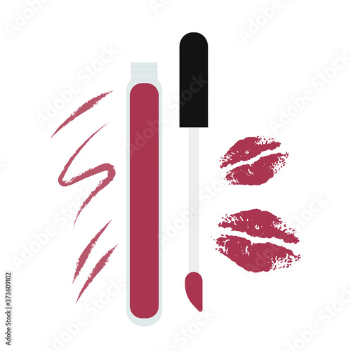 Lipstick and swatch. Lip print. Kiss. Fashionable cosmetics illustration. Flat vector illustration isolated on white background.