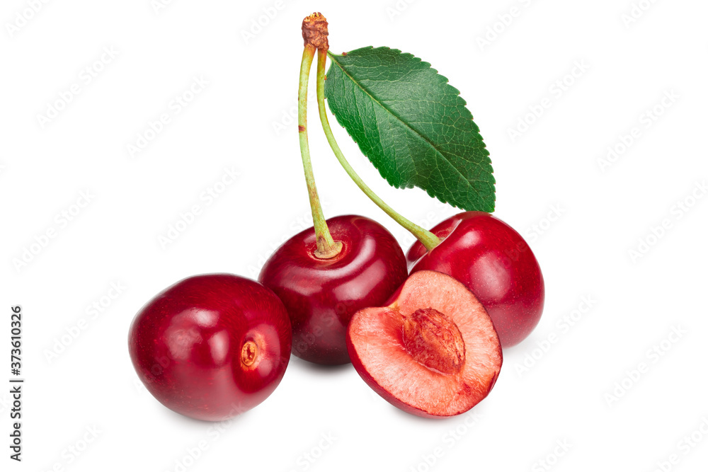 Obraz premium red cherry fruit with green leaf isolated on white background