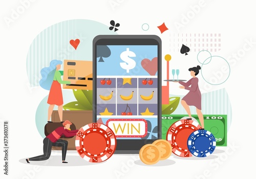 People playing casino slot machine game online on smartphone, flat vector illustration. Internet gambling.
