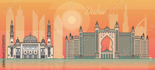 Dubai City skyline detailed background sketch cartoon vector illustration.
