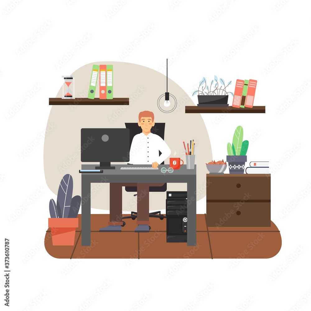 Young man, freelancer working on computer from home office sitting at table, flat vector illustration