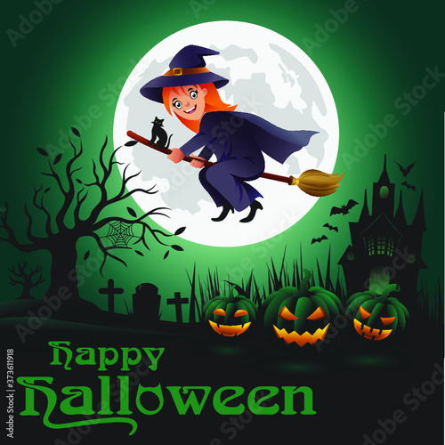halloween banner witch flying under moonlight and cemetery background