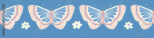 Butterfly and flower border pattern design. Cute vector seamless repeat insect banner background.
