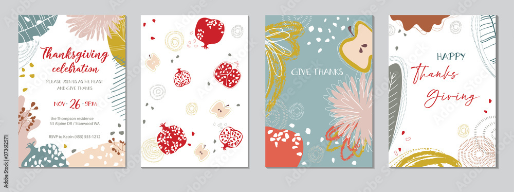 Fototapeta premium Thanksgiving greeting cards and invitations. Trendy abstract patterns with leaf elements, flowers and fruits. Pomegranate and Apples. Vector illustration.Seamless pattern.Template set