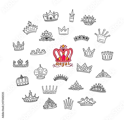 Set of doodle black line crowns and diadems sketch vector illustration isolated.