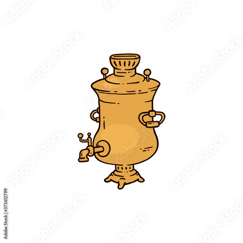 Russian big teapot or samovar, sketch cartoon vector illustration isolated.