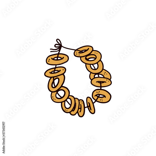 String of traditional Russian bagels - doodle drawing of sushki, baranki or bubliki