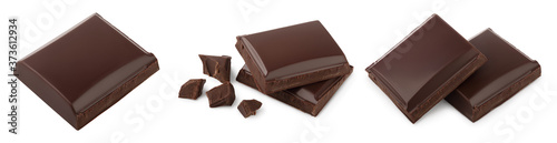 Small dark chocolate pieces isolated on white background with clipping path. Set or collection