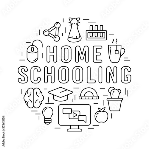 Home schooling poster. Self-study concept. Linear round print with learning icons set. Black graphic illustration of online children's education. Contour isolated vector pictograms, white background