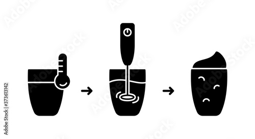 Steps to get whipped milk for homemade coffee. Milk frother instruction. Black silhouette handheld cappuccino maker, glass. Outline icon for packaging. Foam electric mixer. Flat vector illustration