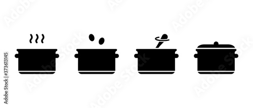 Cooking rice, millet, buckwheat, oatmeal on stove. Porridge or cereal basic silhouette instruction. Outline icon of saucepan with boiling water, lid, spoon. Flat isolated vector illustration on white