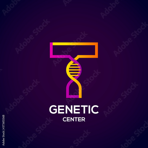 Letter T colourful with abstract Genetic logotype. Medicine, science, laboratory, Technology DNA vector concept