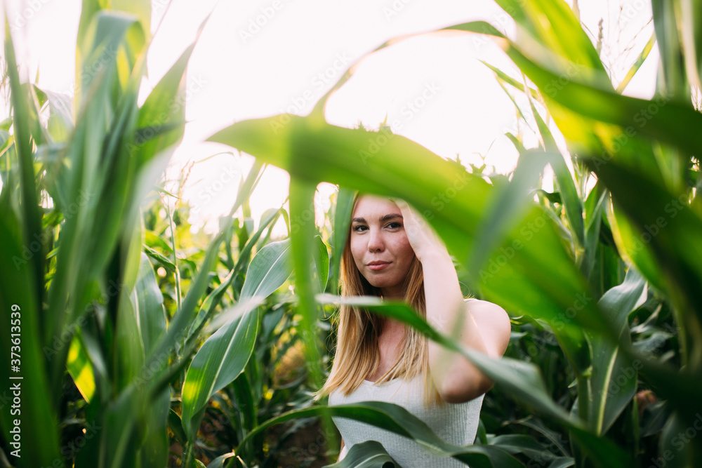 red-haired girl smiles in a cornfield red-haired girl smiles in a cornfield