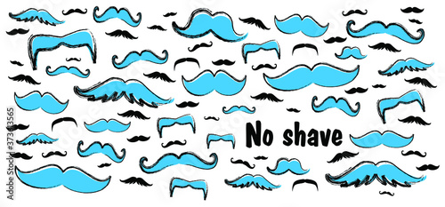 Slogan No shave or shaving moustache, mustache or beard men face. Men's Day. Awareness blue ribbon, medical symbol for psa prostate cancer month in november. Vector best quote signs
