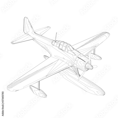 Wireframe of an old plane for landing and taking off from the water. Isometric view. 3D. Vector illustration