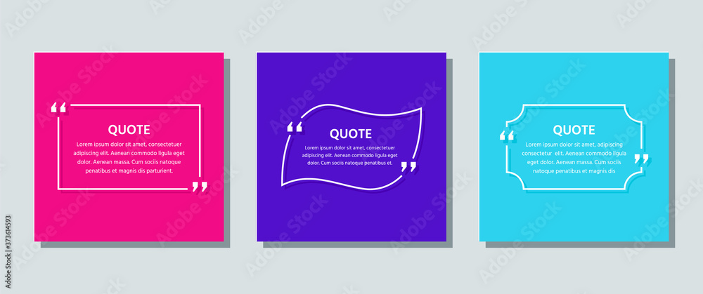 Quote frame template. Quotations text box. Vector. White info comments and messages in textboxes on color background. Set of speech bubbles. Cards with phrases in brackets. Colorful illustration.