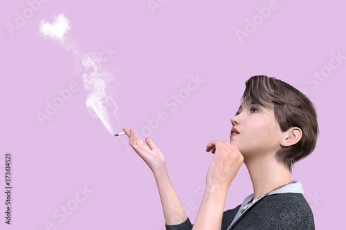 ハート型の煙がでるタバコを吸うショートヘアのクールな女性社員